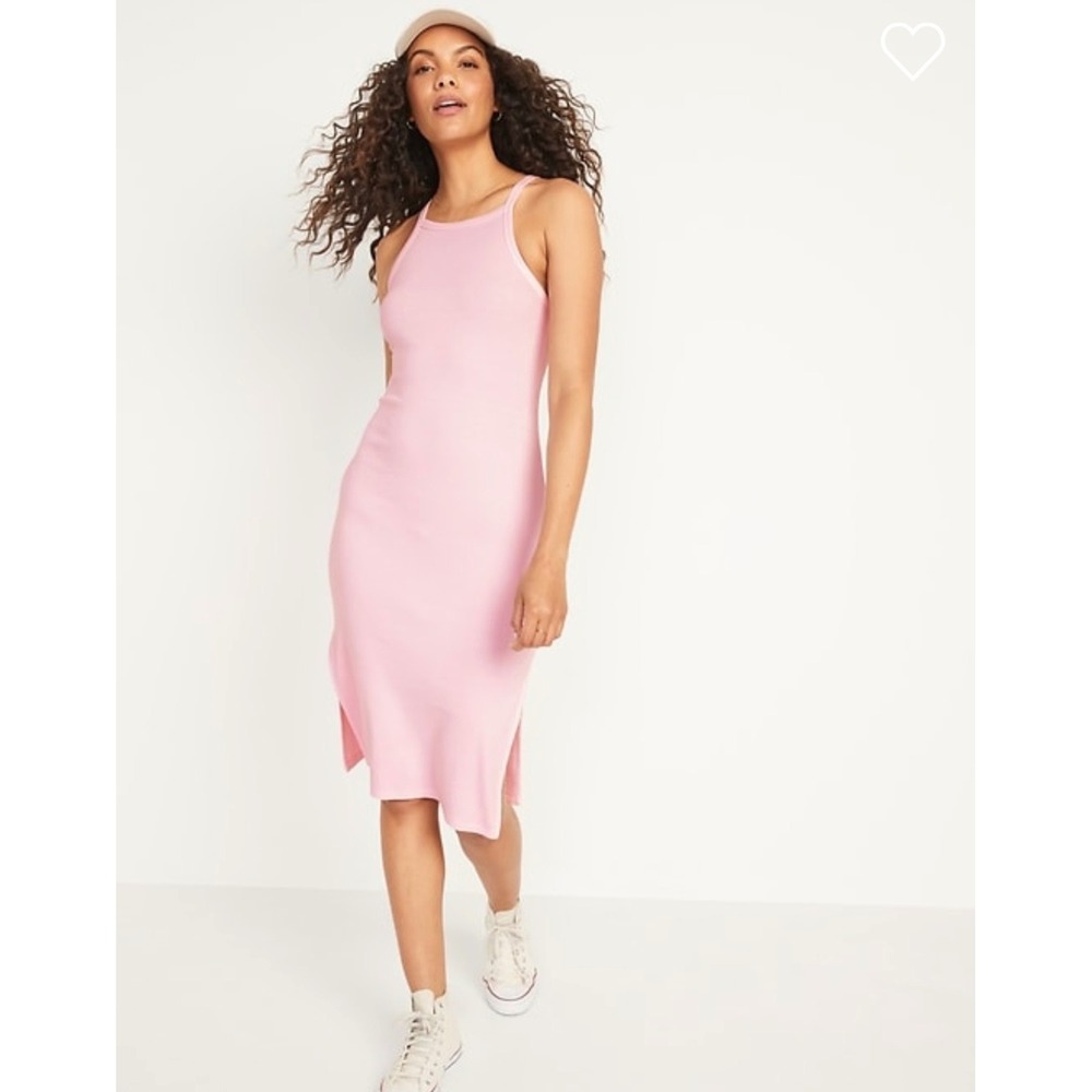Old Navy Rib-Knit Midi Cami Dress Women Large Pink Side Slit Sleeveless NWT